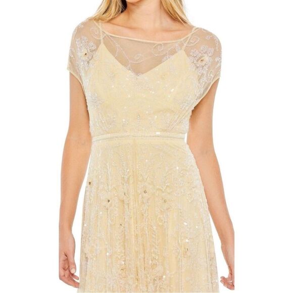Mac Duggal 70274 Embellished Illusion Cap Sleeve Gown Butter Yellow size 6 NWT - Picture 5 of 10